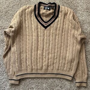Classic V-Neck Cable Knit Sweater in Tan